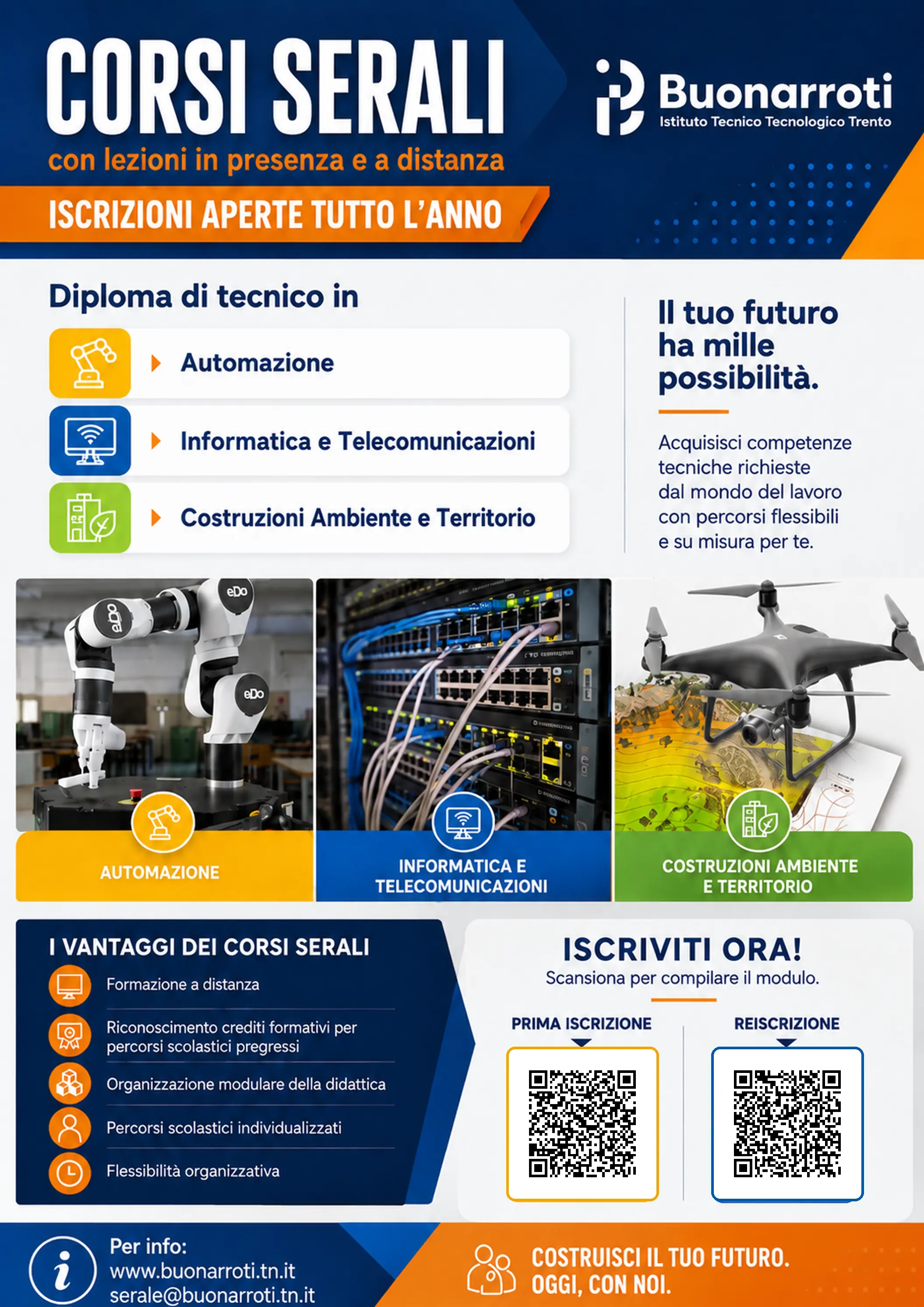 Locandina informativa dei corsi serali con codici QR per iscrizione e reiscrizione
